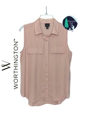 Worthington Sleeveless Blouse Top Petite PM Relaxed Button-up Shell Pink Chiffon